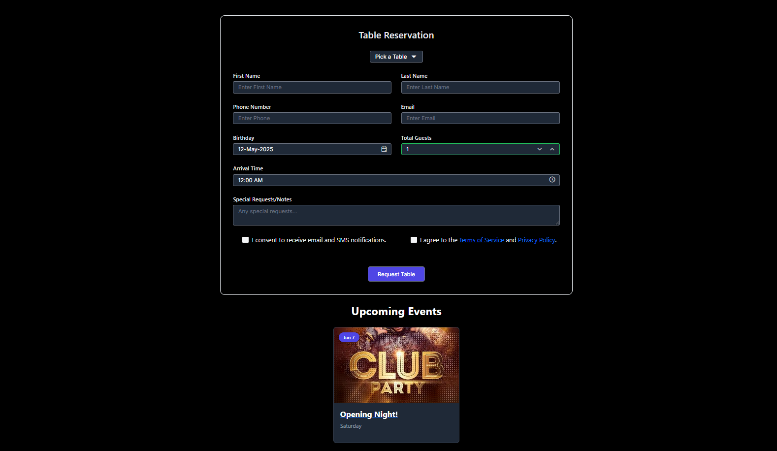 Nightclub Reservation Form